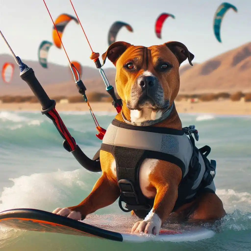 image humouristique d'un chien qui fait du kitesurf